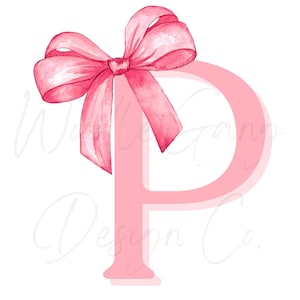 Op de afbeelding: Een aquarel illustratie van een roze letter "P" met een bijpassende roze strik erbovenop. De strik is gedetailleerd met schaduwen en highlights, waardoor het een realistische uitstraling heeft. De achtergrond is wit, met de tekst "Waddle Gang Design Co." in lichtroze script.
