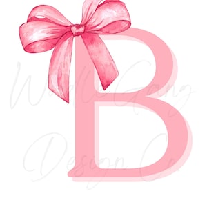 May include: A pink watercolor letter "B" with a matching bow. The bow is at the top left of the letter. The background is white. The design is simple and elegant, suitable for various applications.
