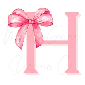 May include: A watercolour illustration of the letter "H" in a soft pink hue, decorated with a vibrant pink bow. The bow is intricately detailed, adding a touch of elegance to the design. The background is white.