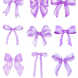 Può includere: Nove fiocchi ad acquerello in varie tonalità di lavanda, di diverse dimensioni e forme. Alcuni hanno nastri lunghi e fluenti, altri sono più compatti. L'immagine presenta diversi stili di fiocchi su sfondo bianco.