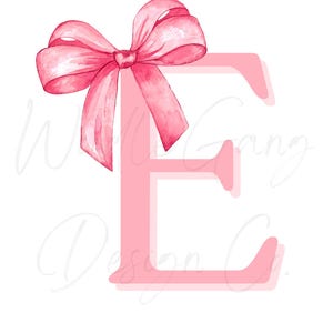 May include: A watercolour illustration featuring the letter "E" in a soft pink shade, embellished with a matching pink bow at the top. The bow is detailed with shading, set against a white background. The design has a delicate, feminine aesthetic.