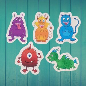 Cute Cartoon Monsters Pack of 5 Stickers, for Tumblers, Laptops, Scrapbooks, & Much More
