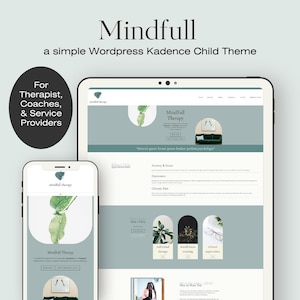 Peut inclure: Maquette numérique d'un site web pour un thème enfant WordPress Kadence appelé "Mindfull". Le design, affiché sur une tablette et un smartphone, utilise une palette de couleurs bleu sarcelle clair et blanc. Le texte "Mindfull Therapy" et un motif de feuille sont mis en évidence.