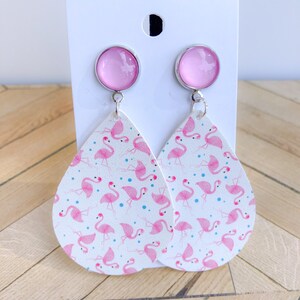 Pink Flamingos Pattern Faux Leather Teardrop Earrings