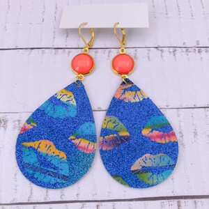 Bright Blue and Colorful Kiss Mark Pattern Glitter Faux Leather Teardrop Earrings