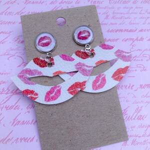 Red and Pink Kiss Mark Patterned Faux Leather Lips Earrings