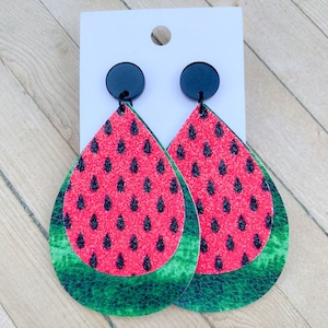 Watermelon Summer Faux Leather Teardrop Earrings