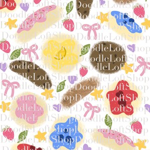 May include: A whimsical pattern on a white background featuring various colorful illustrations. The design includes pink frosted pastries, strawberries, bows, stars, and other decorative elements. The words "Doodle Loft Shop" are repeated throughout the design.