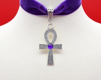 Velvet Antique Silver Ankh Cross Choker Necklace