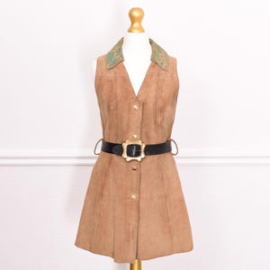 Vintage 70s Camel Brown Suede Leather Paisley Collar Mod Boho Mini Dress - S