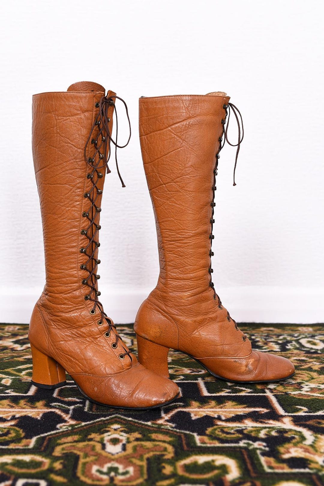 Vintage 60s Tan Brown Leather Lace up Mod Hippie Granny Knee Boots - UK ...