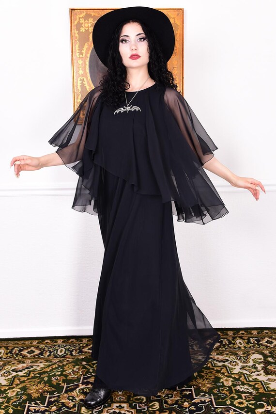 chinese dress ladies Semi-Sheer Chiffon Ruffle Dress With Outer Cape - Pink - M