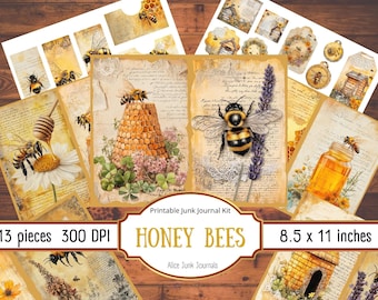 Honey Bee Junk Journal, Vintage Floral Ephemera, Scrapbooking Printable, Botanical, Beehive, Honeycomb Pages, Summer, Digital Download, Bees
