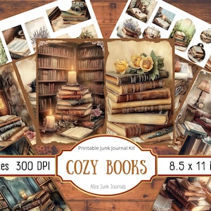 May include: A selection of printable junk journal kit elements with illustrations of books, candles, and library scenes. The kit includes various sizes and styles, with the text "COZY BOOKS" and "8.5 x 11 inches" visible.