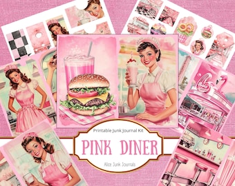 Rosa Diner Junk Journal Kit, Digitalt Utskrivbart, 50-tals Amerikansk Diner Scrapbooking Ephemera, Scrapbook, Junk Journal Sidor, Retro Kök