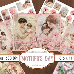 Muttertag Junk Journal Kit, Vintage Scrapbook Papier, Mutter und Tochter, Mama, Mama, Ephemera, Printable, rosa Nelke, Geschenk