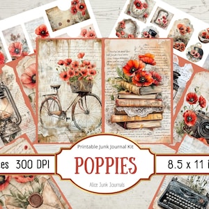 Carnet coquelicots, fleurs éphémères vintage, scrapbooking imprimable, botanique, pages de journal fleurs, été, téléchargement numérique, coquelicot