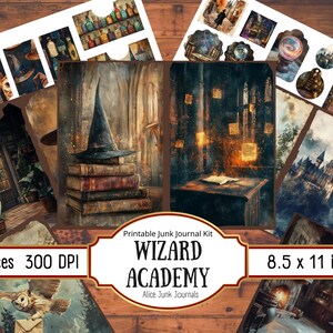 May include: A printable junk journal kit with a wizard theme. The kit includes 13 pieces, each measuring 8.5 by 11 inches, and is 300 DPI. The kit features images of a wizard's hat, books, a castle, and other magical elements.