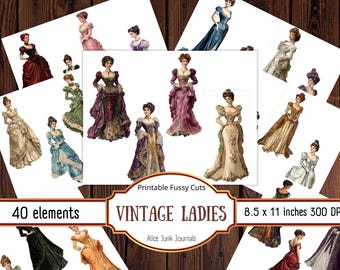 May include: A set of 40 printable vintage ladies in various poses and dresses. The ladies are in a variety of colours, including pink, red, blue, green, and yellow. The images are 8.5 x 11 inches and 300 DPI.