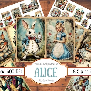 Carnet cartonné d'Alice au pays des merveilles, imprimable vintage pages éphémères au pays des merveilles, papier scrapbooking Journal d'Alice chapelier fou lapin blanc