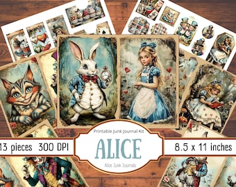 Alice in Wonderland junk journal kit printable vintage ephemera wonderland pages scrapbook paper Alice journal white rabbit mad hatter