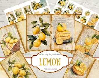 Lemon Junk Journal Kit, Printable Ephemera, Vintage Summer Scrapbook Paper, Digital, Citrus Watercolor Pages, Junk Journal Paper