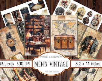 Men's Vintage Junk Journal Kit, Masculine Ephemera Printable, Steampunk Grunge Collage Sheets, Father's Day Gift, Gentleman Scrapbook Set