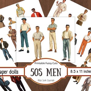 May include: A collection of vintage paper dolls featuring illustrations of men's fashion from the 1950s. The images include various outfits, such as suits, casual wear, and work attire. The paper dolls are printed on 8.5 x 11 inch sheets.