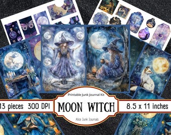 Celestial Moon Witch Junk Journal Kit Printable Grimoire Journal Pages Astrology Scrapbooking Ephemera Lunar Magic Papers Digital Download