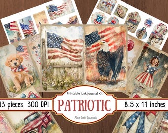 May include: A collection of patriotic-themed printable junk journal kit elements. The images include the American flag, an eagle, a puppy, and a vintage truck. The kit includes 13 pieces, 300 DPI, and measures 8.5 x 11 inches.