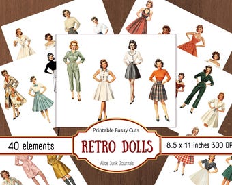 50s 60s Retro Women Ephemera, Vintage Paper Dolls, Fashion Fussy Cuts, Junk Journal Printables, Scrapbook Collage Kit, 1950s 1960s