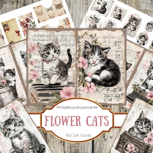 Kit de journal indésirable fleur chats, éphémères de chat, scrapbooking, chatons mignons à imprimer, téléchargement numérique imprimable, téléchargement immédiat, chaton
