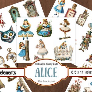 Alice au pays des merveilles coupes difficiles kit de journal indésirable imprimable éphémère vintage scrapbooking papier chapelier fou lapin pays des merveilles téléchargement numérique