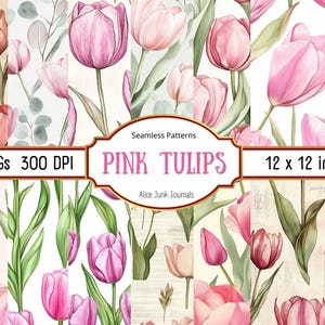 Pink Tulip Seamless Patterns, Floral Digital Paper, Sublimation Design, Scrapbooking Paper, Wall Art Backgrounds, Commercial Use