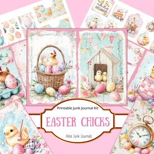 Diario basura de pollitos de Pascua de primavera, papel vintage para álbum de recortes, efímeras de Pascua, papeles digitales pastel, kit de diario imprimible, gallina, pollito de Pascua
