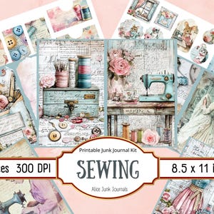 Kit de diario de costura, hoja de collage de encaje imprimible de costurera, máquina de coser, efímera vintage, páginas de álbum de recortes para sala de manualidades, descarga digital