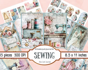 May include: A printable junk journal kit with a sewing theme. The kit includes 13 pieces, each measuring 8.5 x 11 inches, and features images of sewing machines, spools of thread, buttons, and flowers. The kit is perfect for creating unique and personalized journals.