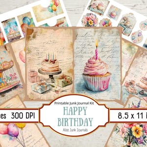Alles Gute zum Geburtstag Junk Journal Seiten, Vintage Pastell Ephemera Kit, bedruckbares Scrapbook Papier, Kartenherstellung, Kuchen, Party, Frühling, digitaler Download