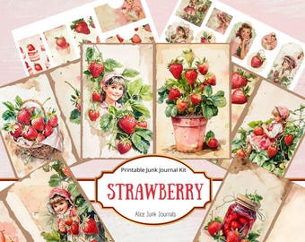 Jordgubbsskräpjournalkit, utskrivbar, digital nedladdning, vintage-ephemera, cottagecore-estetik, sommar, scrapbookpapper