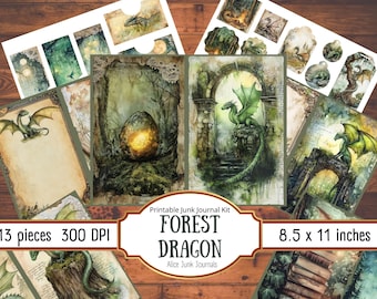 Forest Dragon Junk Journal Kit Printable Dragon Ephemera Digital Paper Green Dragon Junk Journal Pages Scrapbooking Collage Sheet Download