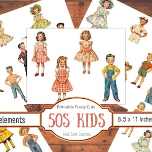 50s Retro Kids Ephemera, Vintage Paper Dolls, Children Fashion Fussy Cuts, Junk Journal Printables, Scrapbook Collage Kit, 1950s, Paper Doll
