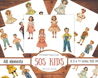 50s Retro Kids Ephemera, Vintage Paper Dolls, Children Fashion Fussy Cuts, Junk Journal Printables, Scrapbook Collage Kit, 1950s, Paper Doll