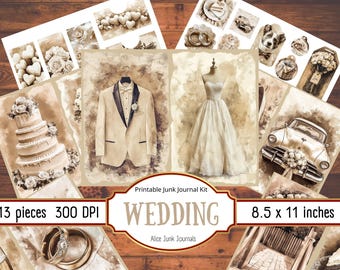 May include: A printable junk journal kit with a wedding theme. The kit includes 13 pieces, each measuring 8.5 x 11 inches and printed at 300 DPI. The kit features images of a wedding cake, a tuxedo, a wedding dress, wedding rings, a vintage car, and other wedding-related imagery.