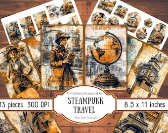 May include: A printable junk journal kit with a steampunk theme. The kit includes 13 pieces, each measuring 8.5 x 11 inches and printed at 300 DPI. The kit features images of a woman in a steampunk outfit, a globe, and the Eiffel Tower.