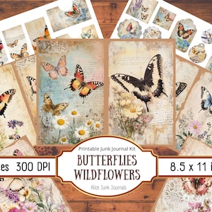 Schmetterlinge Junk Journal, Wildblumen Vintage Ephemera, Scrapbooking Printable, Botanische, Blumen Journal Seiten, Pastell, Sommer, Schmetterling