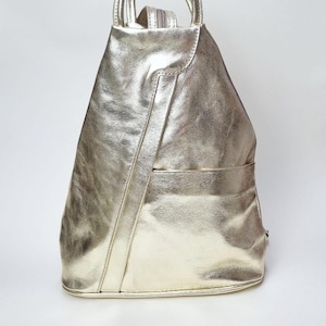 May include: A metallic gold backpack with a top handle and a front pocket. The backpack has a zipper closure and adjustable straps. The bag is made of a shiny, textured material.