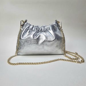Italian Genuine Leather Metallic Silver Clutch Bag Silver Evening Bag Silver Wedding Bag Silver Bridal Bag Silver Leather Crossbody Bag