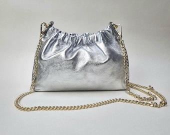 Italienische Echtleder Metallic Silber Clutch Tasche Silber