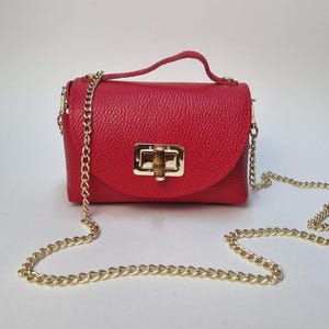 Red Leather Clutch Purse with Gold Chain Strap Genuine Leather Red Evening Bag Red Crossbody Bag Red Wedding Bag Handmade Gift for Her