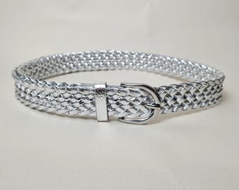 Handmade Metallic Silver Woven Belt: Adjustable Vegan Leather Boho Belt